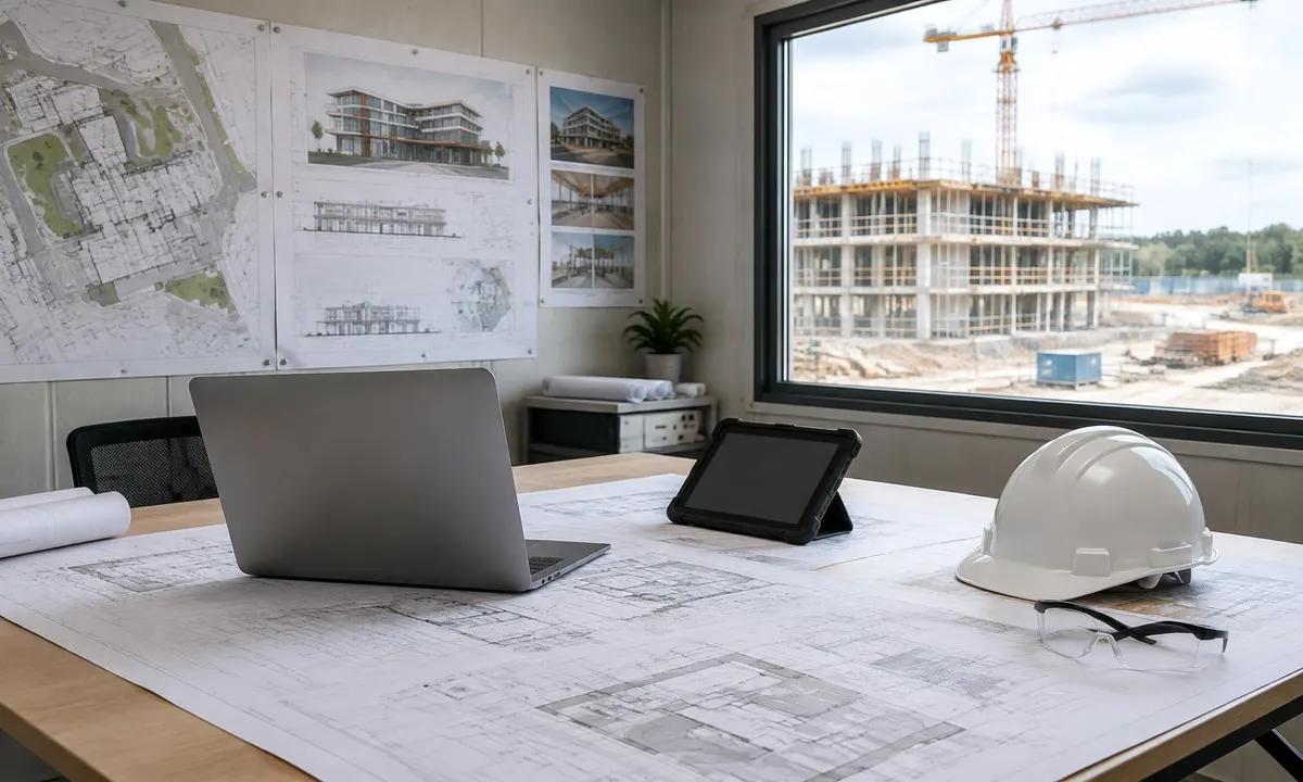 A project office with drawings on the wall, a tablet and a hard hat on the table, overlooking a construction site
