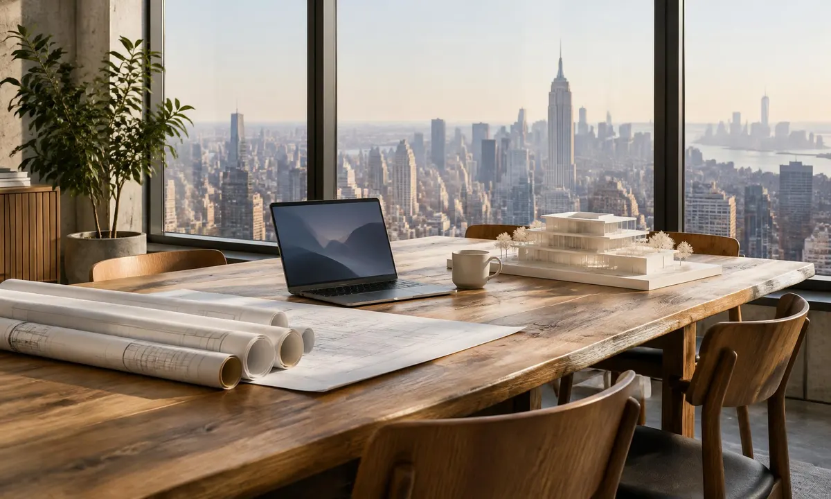 A design studio worktable with rolled drawings, a laptop and a scale model, overlooking the New York City skyline