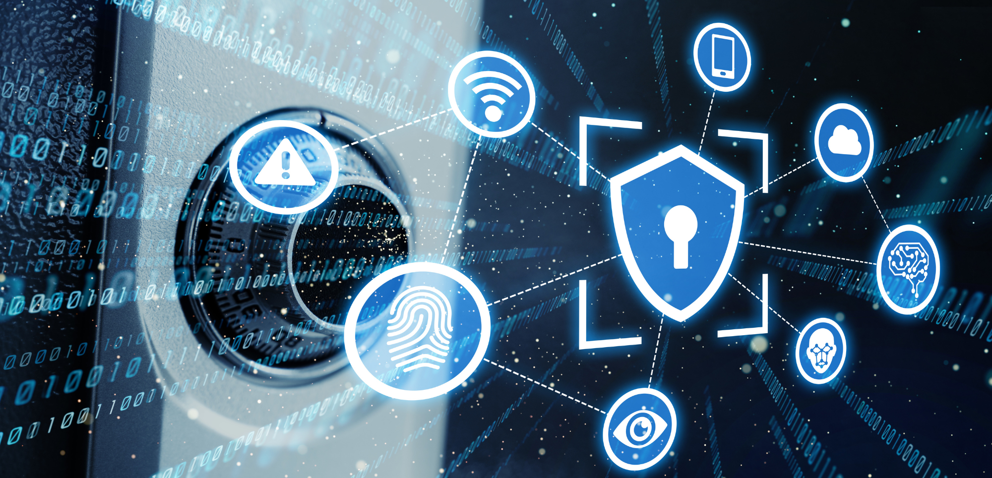 A small business office with a mix of remote and in-person workers, all connected to a secure network with firewalls and encryption