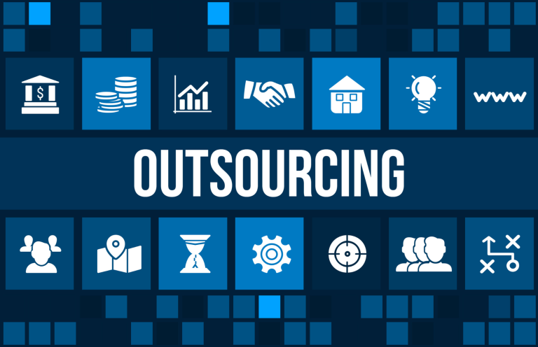 A small business owner outsources work to a remote team, with virtual collaboration and communication tools in use