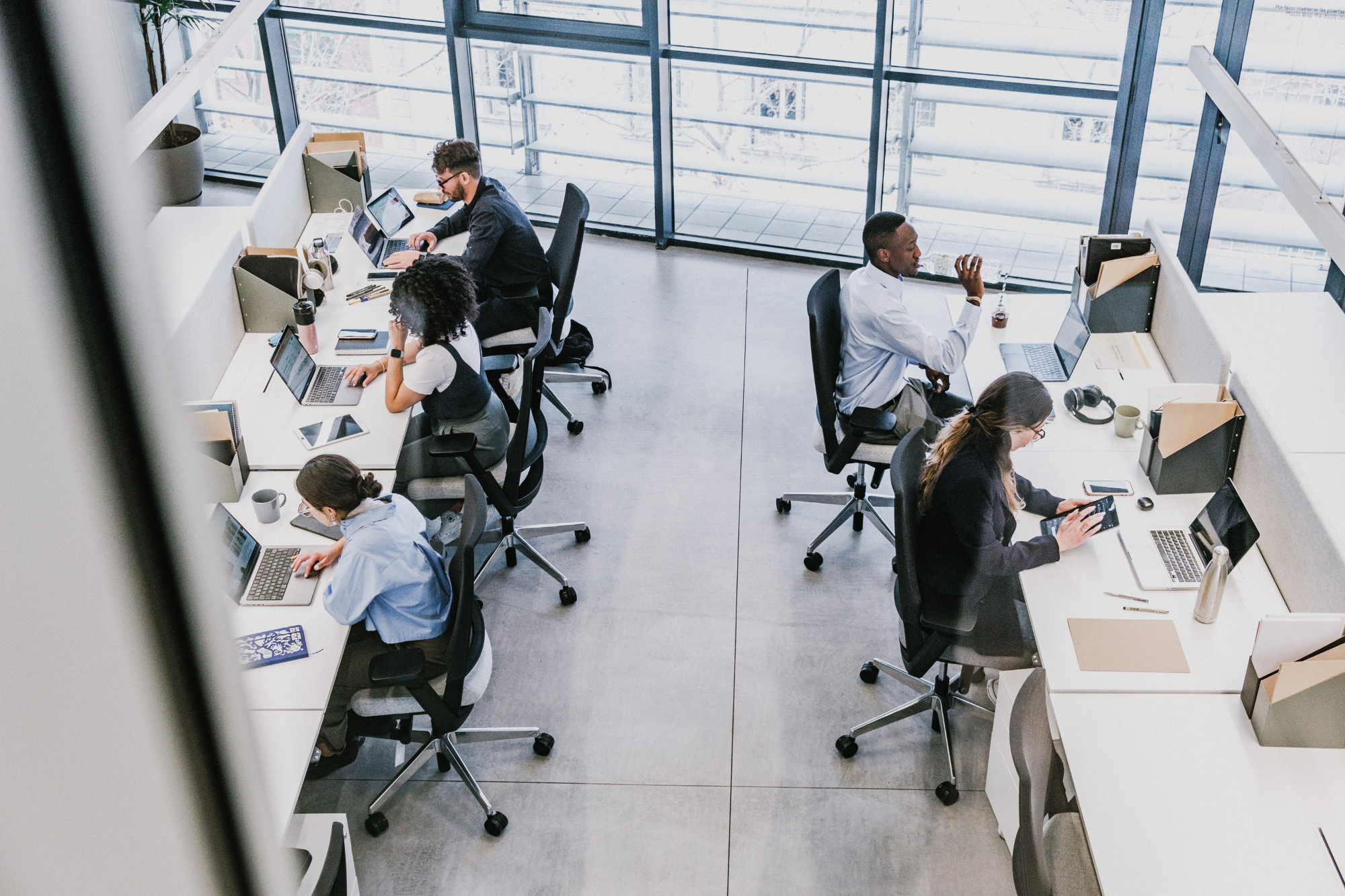 A bustling office with employees of various ages and genders working at their computers, while a large Microsoft Office 365 logo prominently displayed on a screen