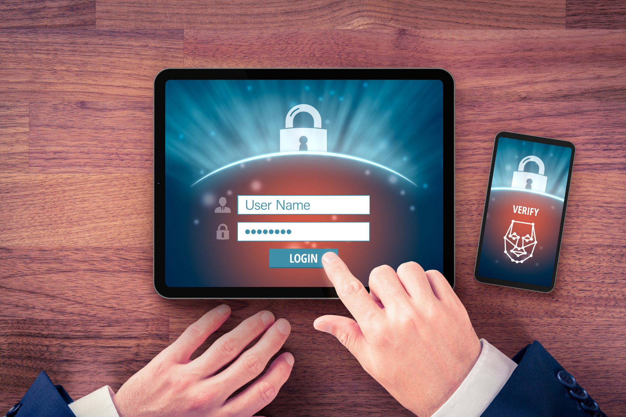 A smartphone displaying a multifactor authentication app with a fingerprint or face recognition feature, alongside a secondary authentication method such as a code generator or security key
