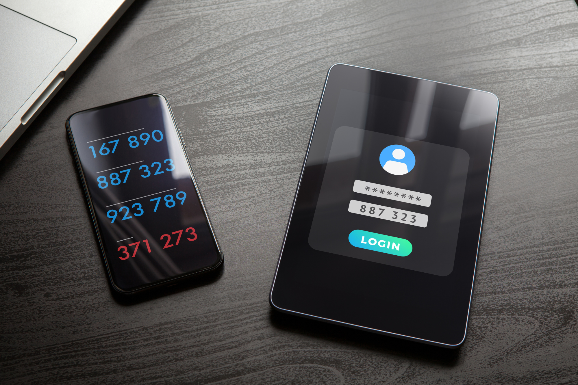 A smartphone displaying a security app with two-step verification and multifactor authentication options, surrounded by various electronic devices