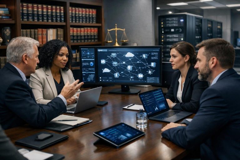 Business professionals in a modern office working with computers and technology equipment, surrounded by legal books and documents.