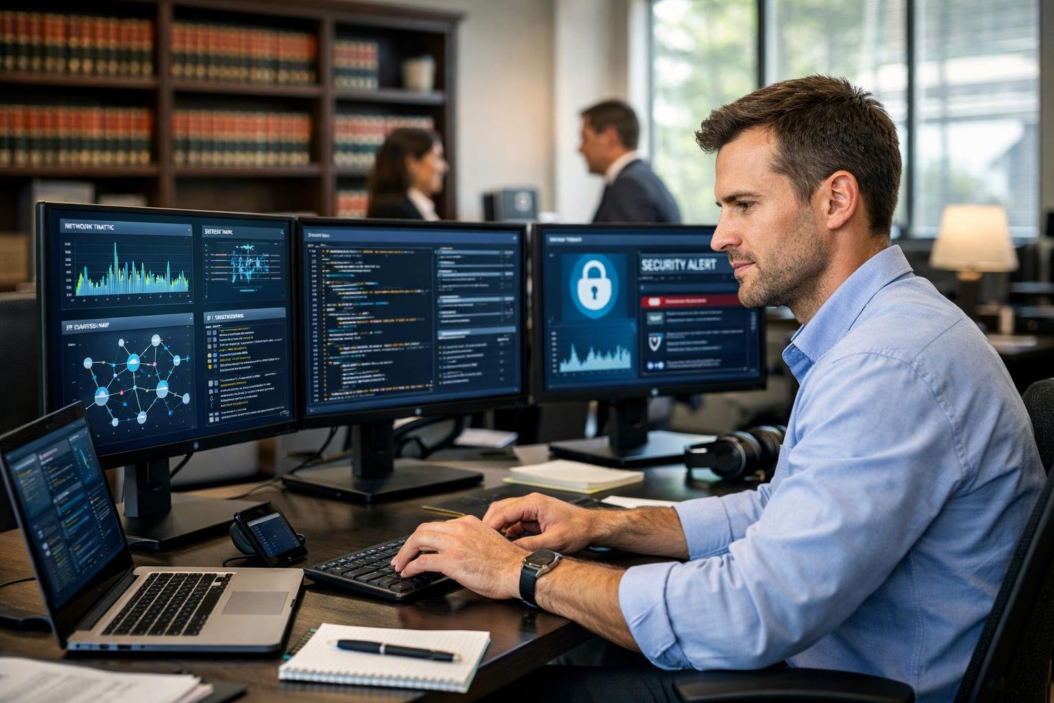 An IT specialist working at a desk with multiple computer monitors in a law office, with legal bookshelves and colleagues in the background.
