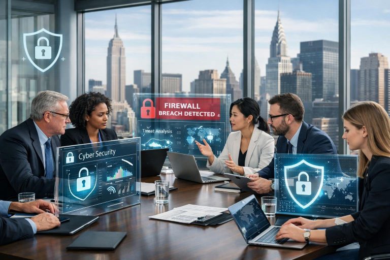 A group of professionals working together in a law firm office with laptops and digital screens showing cybersecurity visuals, with New York City buildings visible through large windows.