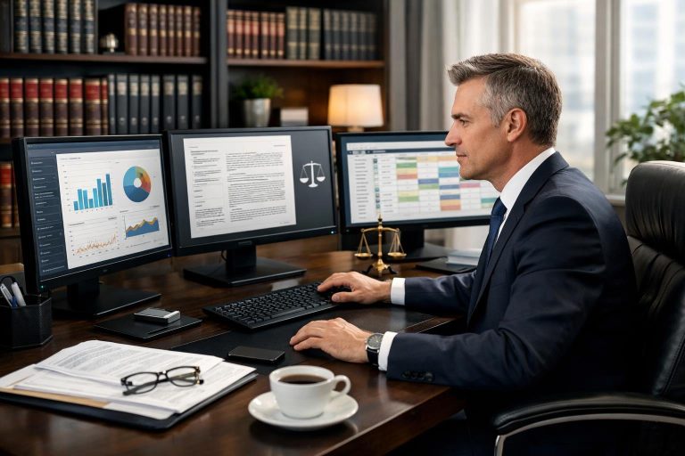 A business professional working at a desk with multiple computer screens and legal books in the background in an office setting.