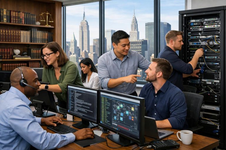 IT support team providing law firm IT support NYC services in a modern office with city buildings visible through large windows