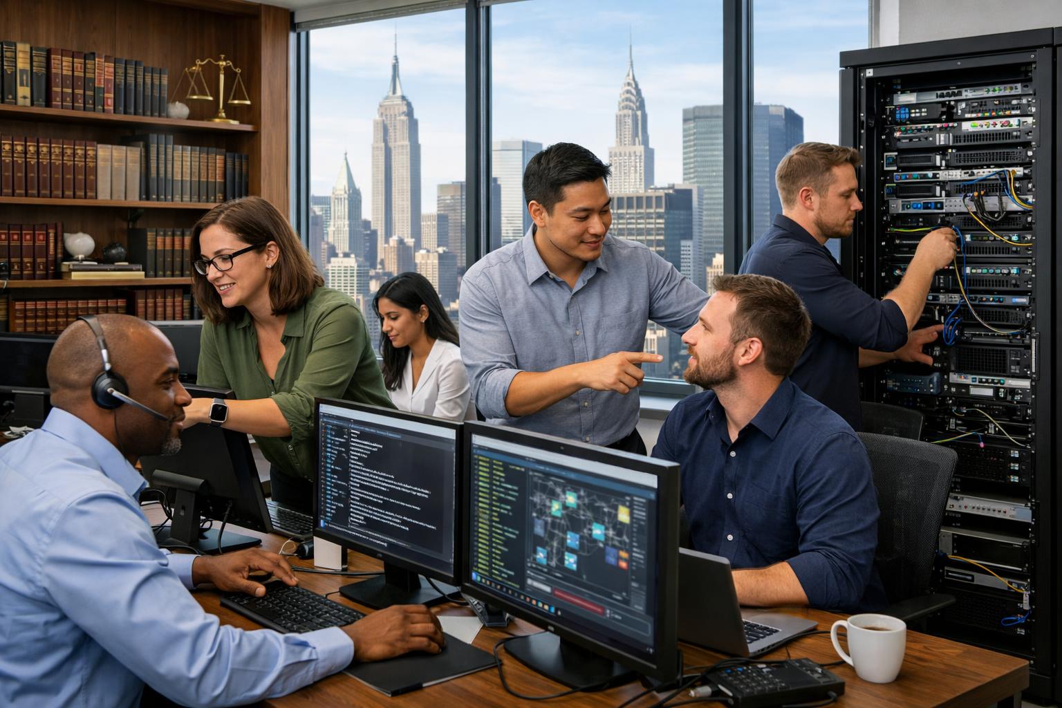 IT support team providing law firm IT support NYC services in a modern office with city buildings visible through large windows