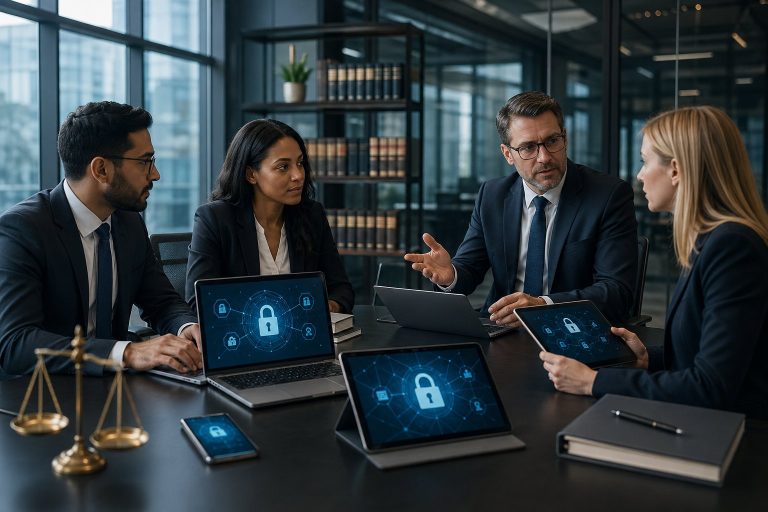 Law Firm Cybersecurity Compliance: What NYC Firms Need to Get Right Legal professionals working together in a modern office with laptops and digital devices displaying law firm cybersecurity compliance data.