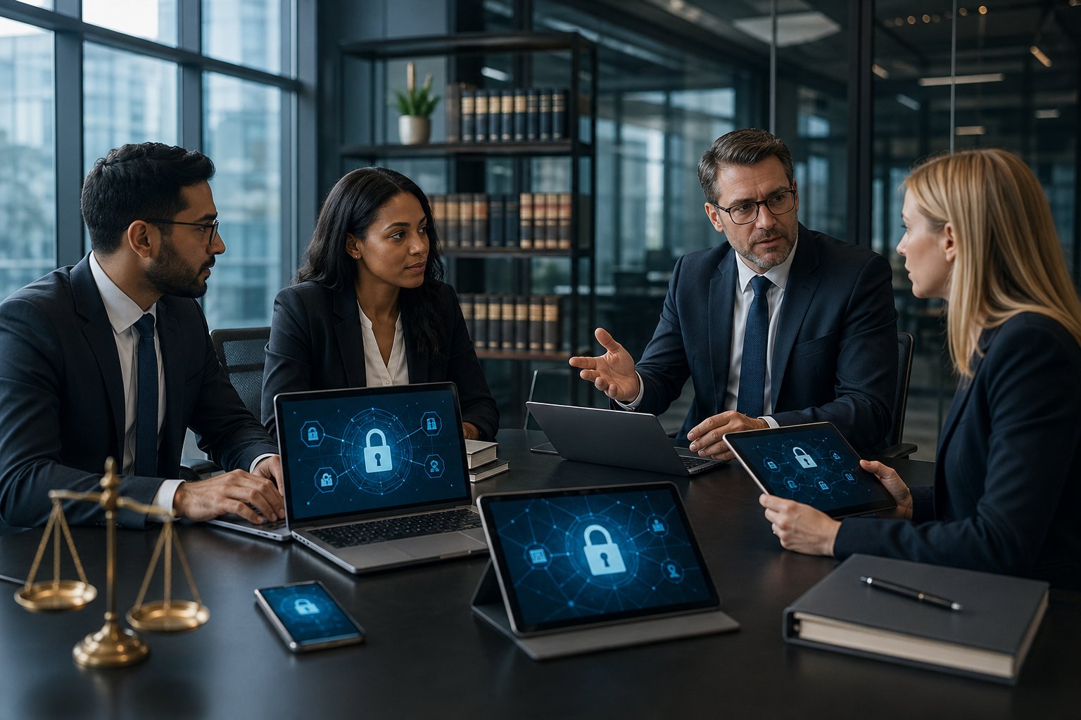 Legal professionals working together in a modern office with laptops and digital devices displaying law firm cybersecurity compliance data.