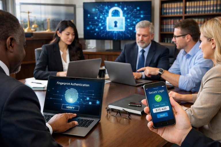 A group of professionals in a law firm office using laptops and a fingerprint scanner, with a smartphone showing a security app and digital security graphics on monitors in the background.