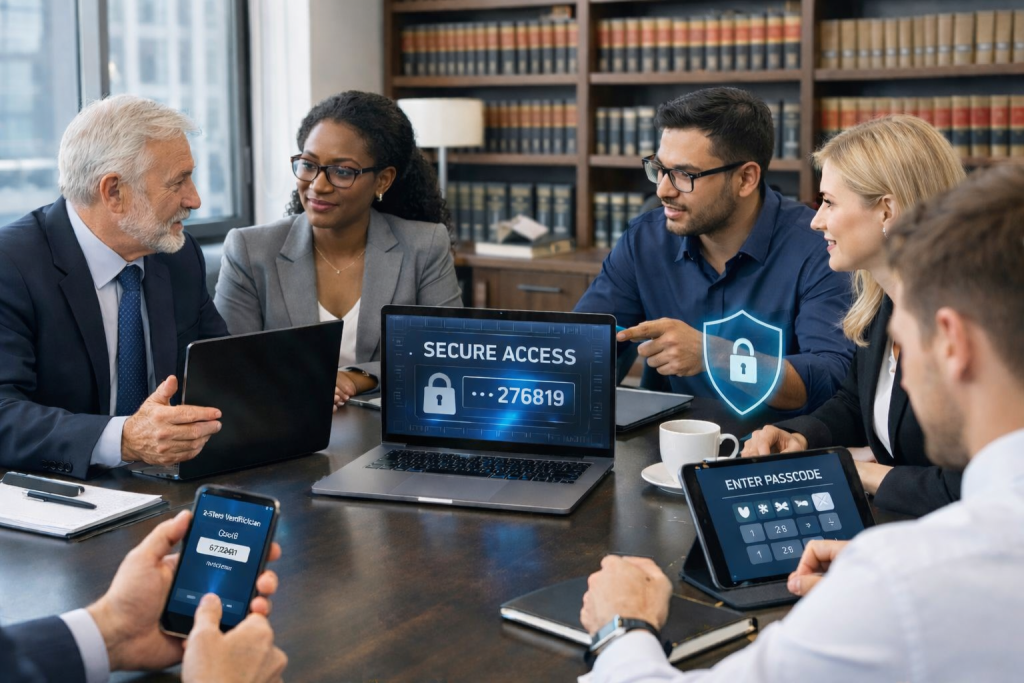 A group of professionals in a law firm office using laptops and smartphones with security features visible on screens.