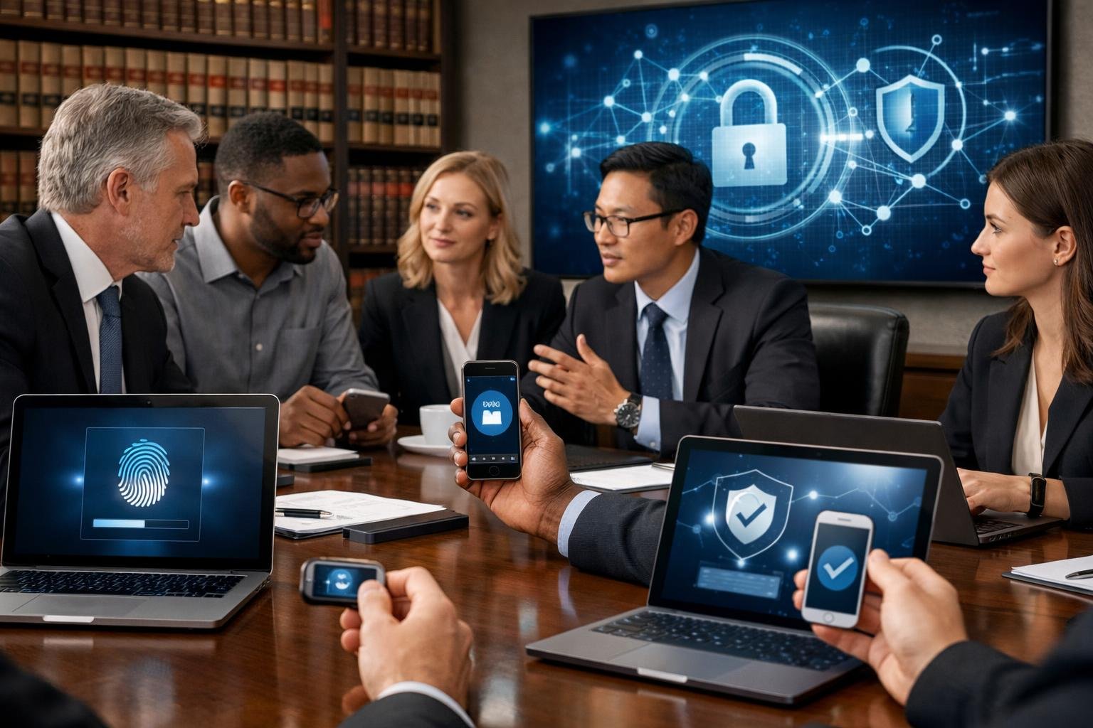 A group of lawyers and IT professionals working together in a law firm office with laptops showing security features related to multi-factor authentication.