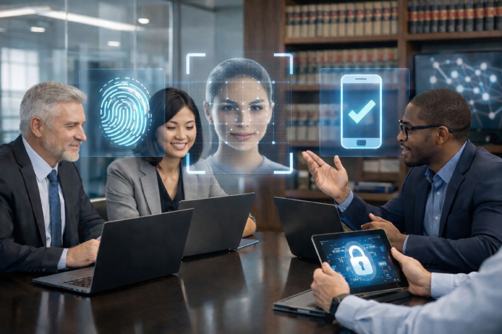 A group of lawyers and IT professionals collaborating around a conference table with laptops and digital security icons, in a modern law office.