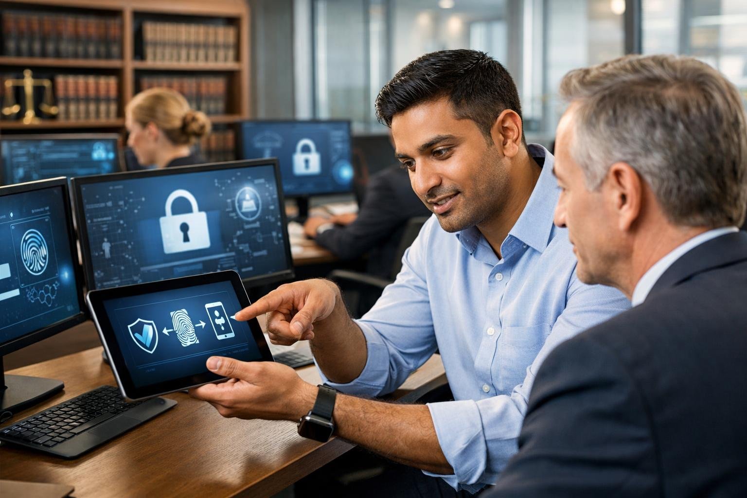Legal professionals in a law firm office discussing cybersecurity with computer screens showing secure login processes.