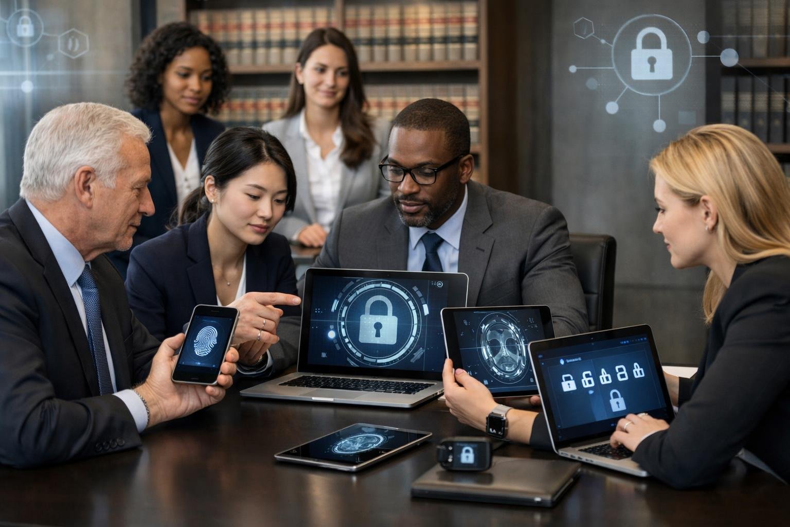 Lawyers and IT professionals working together in a modern office using multiple devices with security authentication features.