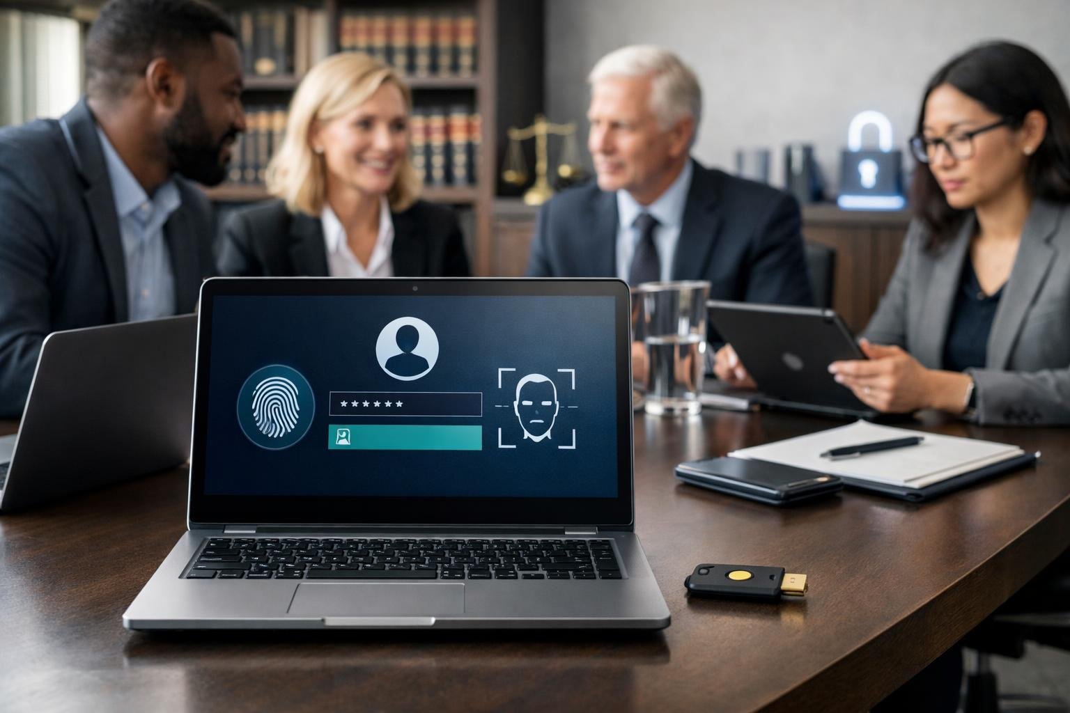 A group of professionals in a law firm office working together with laptops and security devices focused on secure login methods.