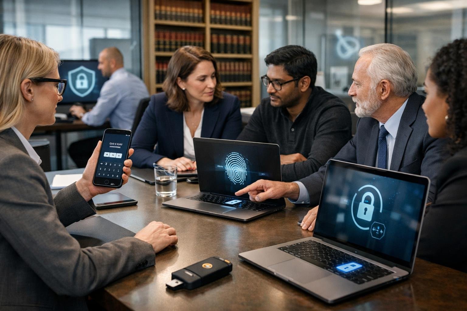 Lawyers and IT professionals working together in a modern office with laptops and devices showing multi-factor authentication tools.
