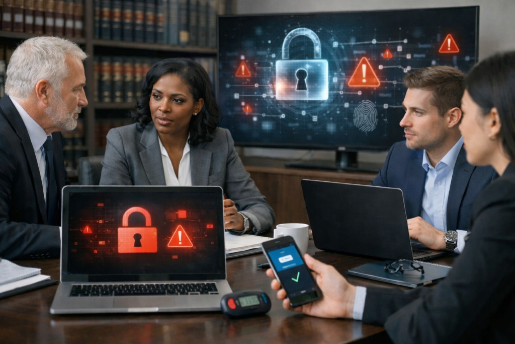 Legal professionals in a law firm office discussing cybersecurity risks with laptops and authentication devices on the table.