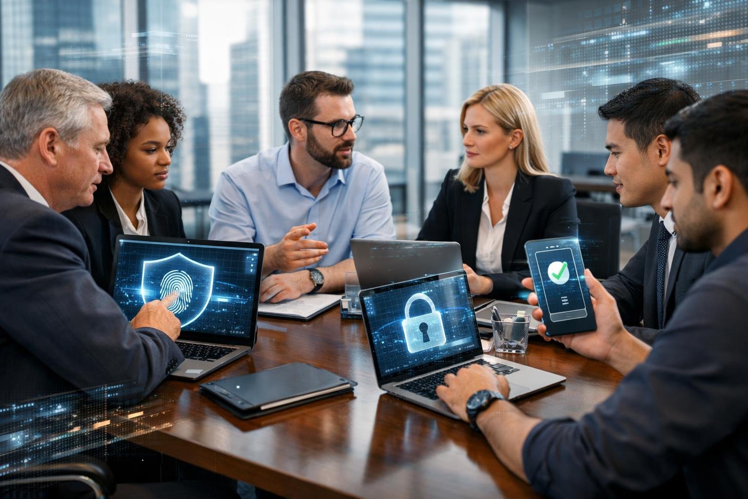 Lawyers and IT professionals working together in a modern office with laptops and digital security icons representing multi-factor authentication.