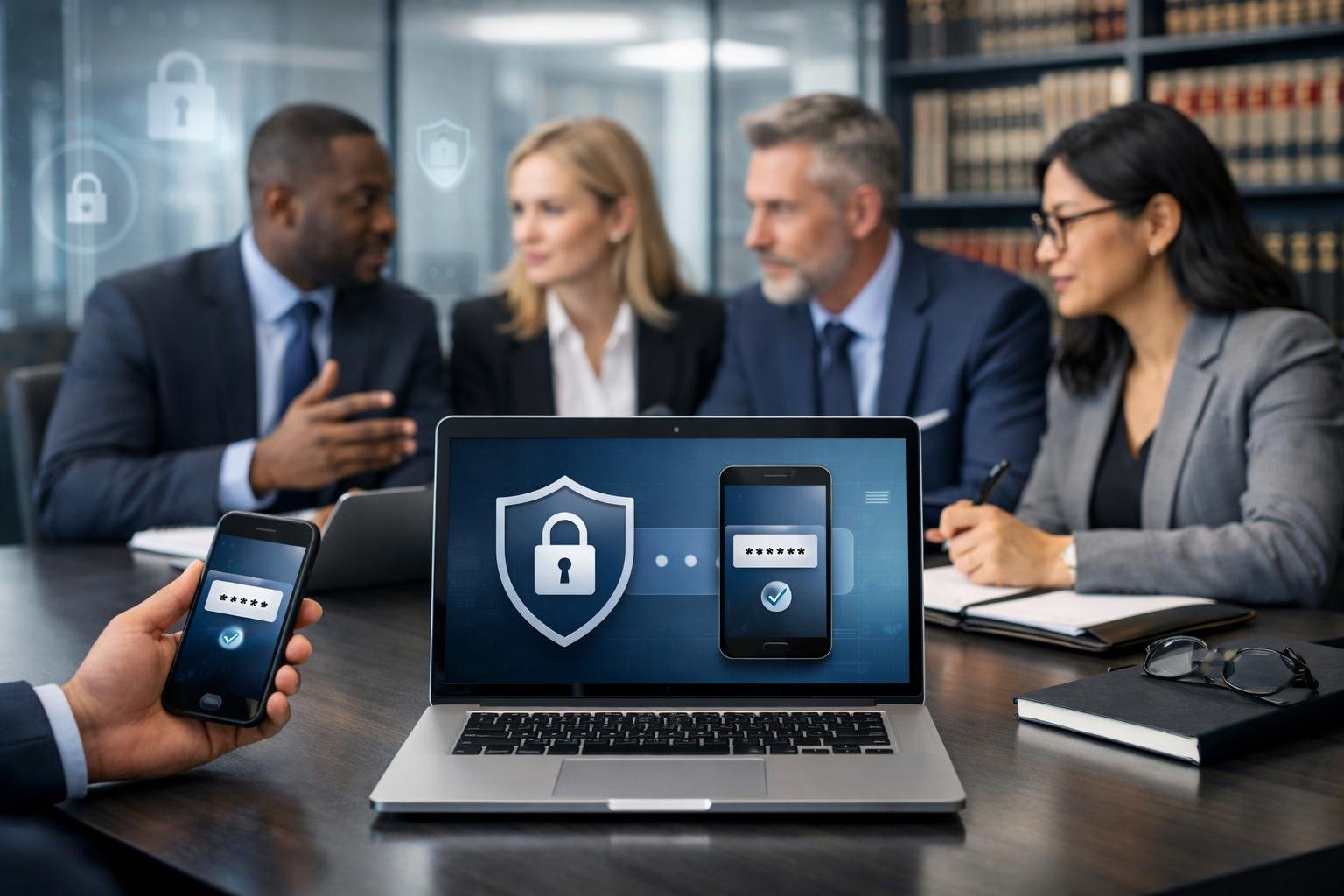 Legal professionals working together in a modern law office using laptops and smartphones with security features visible on screens.