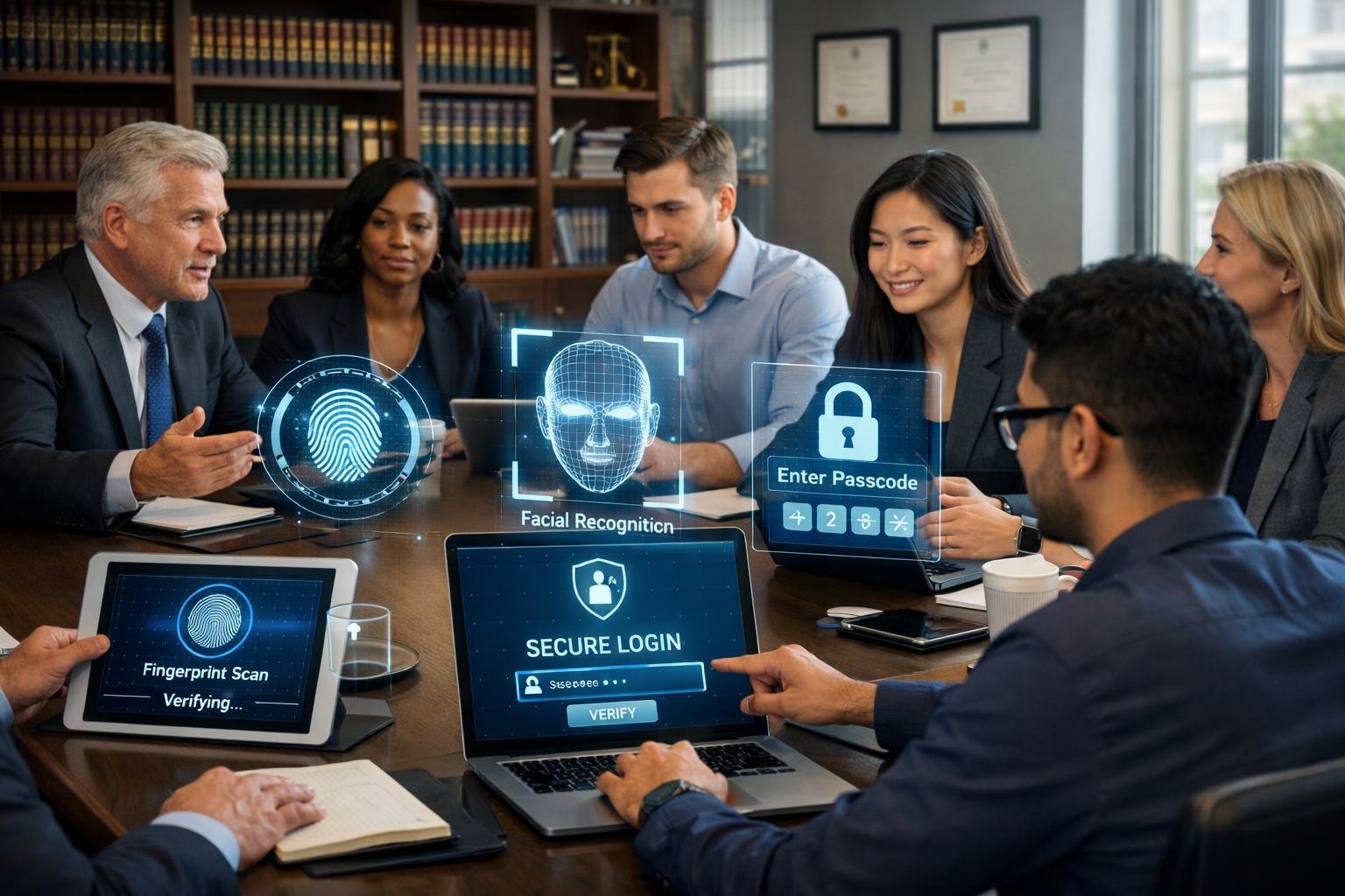 Lawyers and IT professionals working together in a modern office with digital security icons representing multi-factor authentication.