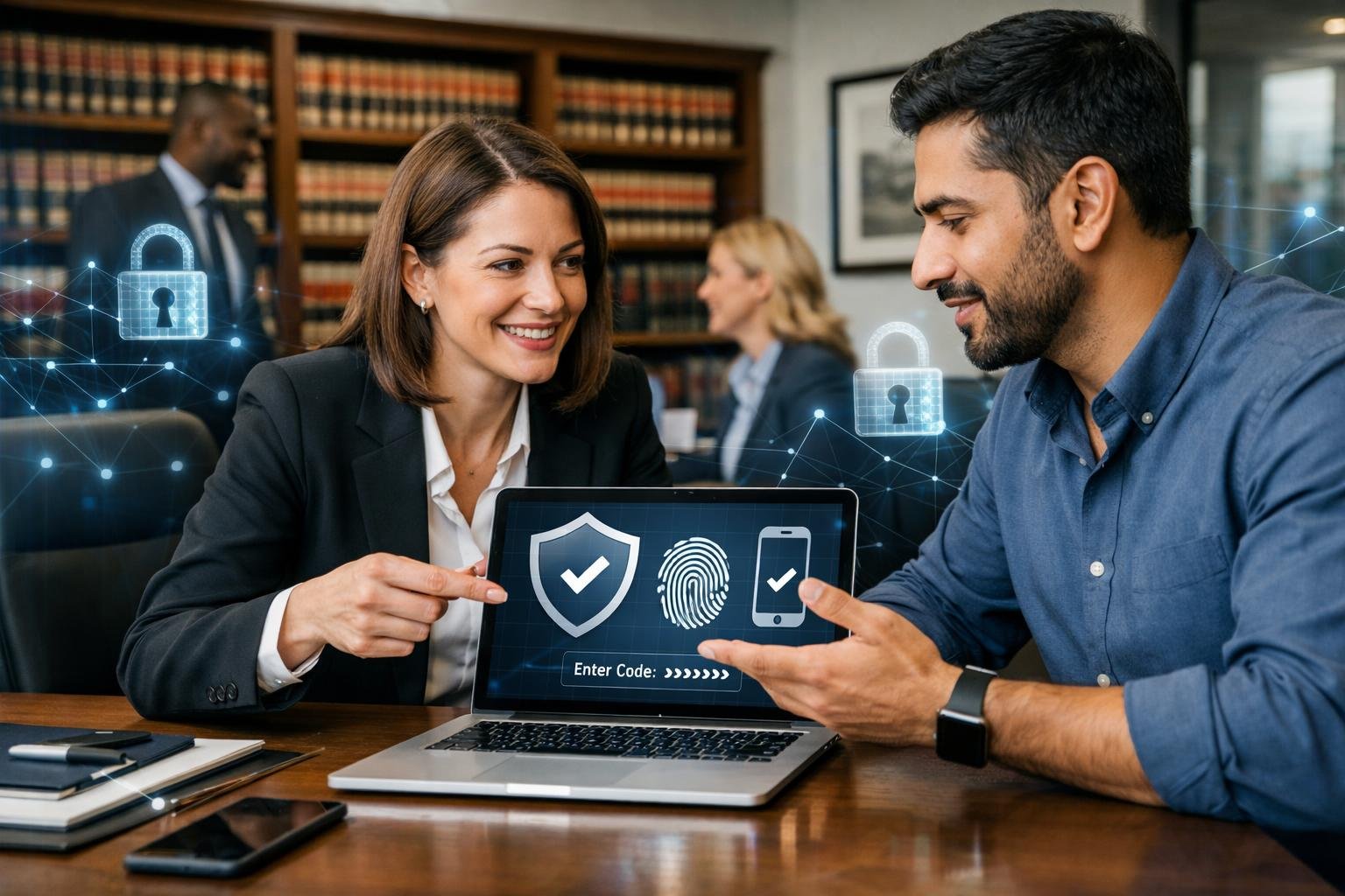 Lawyers and IT professionals working together in a law firm office to set up multi-factor authentication using laptops and digital devices.