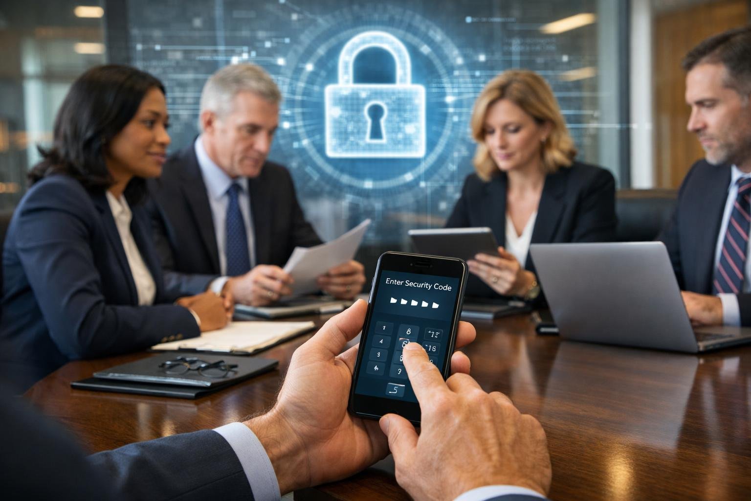 A group of professionals in a law firm office using digital devices to implement security measures.