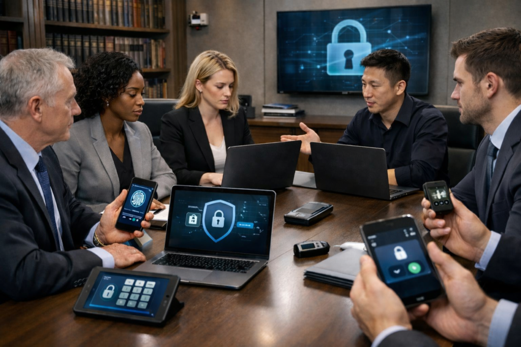 A group of professionals in a law firm office working with laptops and devices showing security features, emphasizing digital authentication.