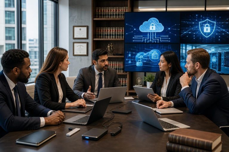 Law firm professionals reviewing law firm data backup strategy on a secure workstation.