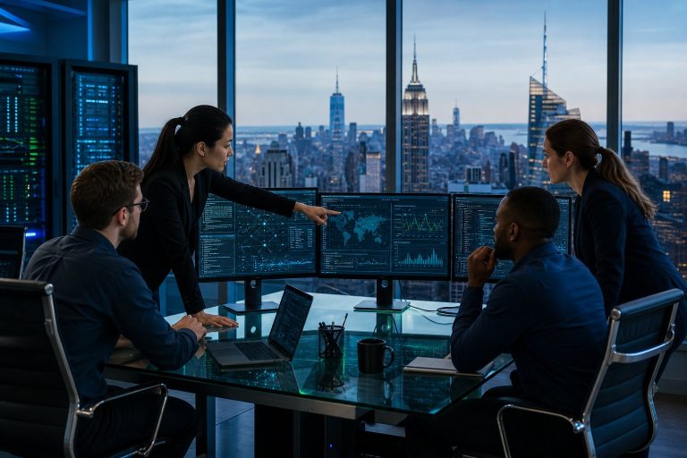Law firm professionals reviewing cybersecurity services NYC protection layers on digital screens in a modern office