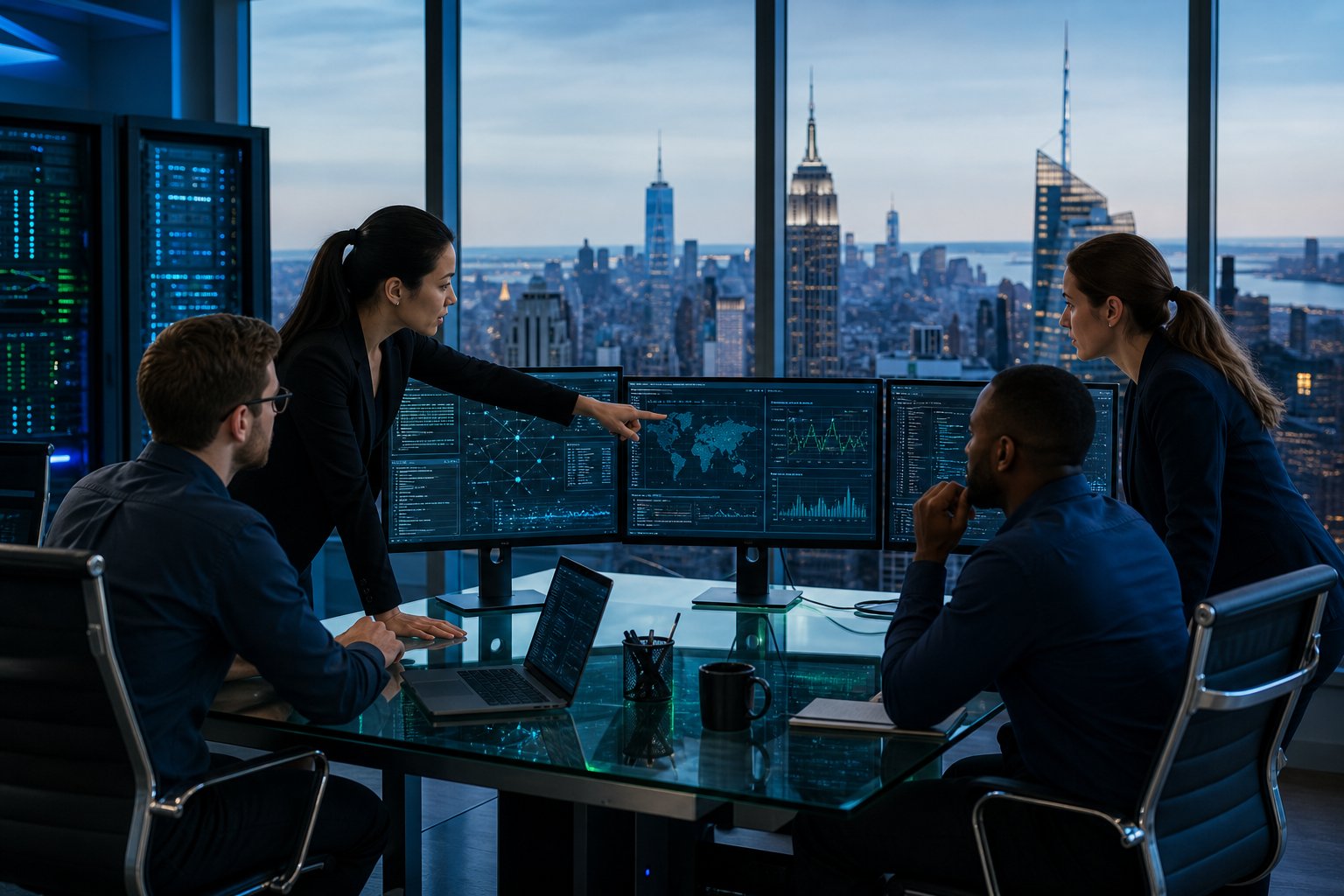 What Cybersecurity Services NYC Law Firms Actually Need: A Layer-by-Layer Breakdown Law firm professionals reviewing cybersecurity services NYC protection layers on digital screens in a modern office