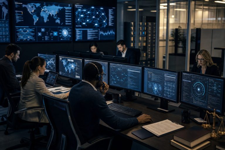 SOC Monitoring for Law Firms: Your 24/7 Defense Against Cyber Threats Law firm professionals reviewing SOC monitoring for law firms dashboards to protect privileged client files.