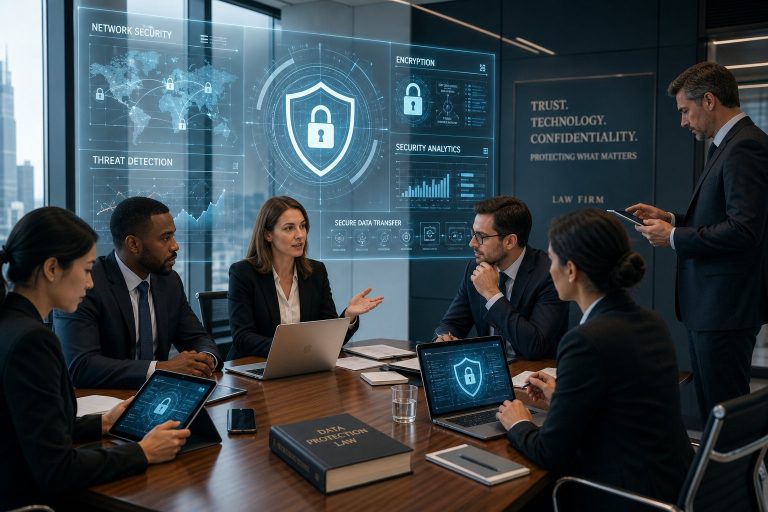 Network Security for Law Firms: A Practical Guide to Protecting Client Confidentiality Law firm professionals reviewing client data protections and Network Security for Law Firms on office screens.