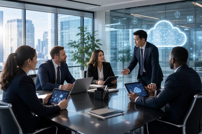 Law Firm Cloud Services in NYC: A Compliance-First Guide to Protecting Client Data Law firm professionals reviewing secure law firm cloud services on laptops in a NYC office.