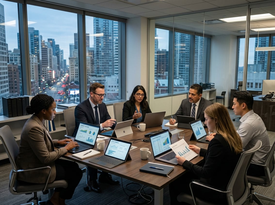 Understanding Law Firm IT Costs: A Realistic Budget Guide for NYC Practices Law firm professionals reviewing law firm IT costs and budget planning on laptops in a NYC office.
